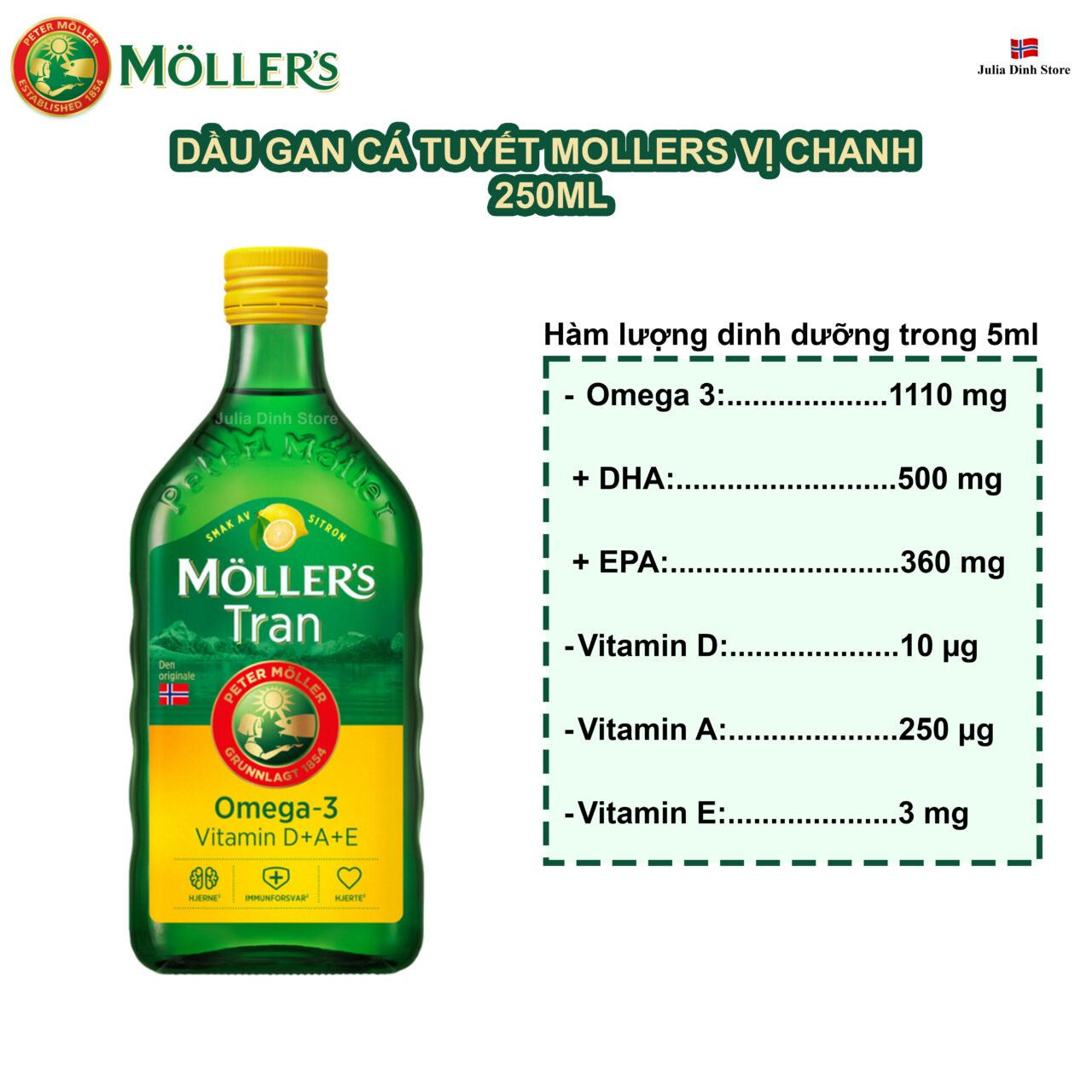 Dầu gan cá tuyết Mollers Tran bổ sung Omega 3 hương chanh (250ml) - Hình ảnh 3