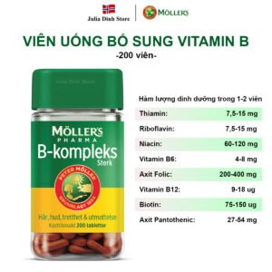 Viên uống bổ sung Vitamin B Mollers Pharma B-kompleks Sterk nội địa Na Uy (200 viên)