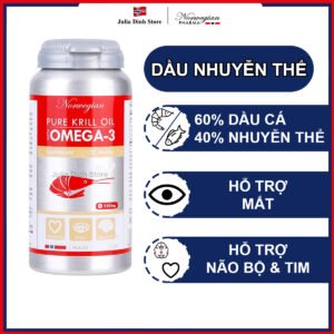 **Mô tả:** Dầu nhuyễn thể Norwegian Pure Natural Krill Oil là một sản phẩm bổ sung dinh dưỡng chứa dầu nhuyễn thể và dầu cá tự nhiên. Sản phẩm này được chiết xuất từ nhuyễn thể và cá sống ở vùng biển sạch của Bắc Cực, nổi tiếng với hàm lượng Omega-3 cao và chất lượng tinh khiết. Dầu nhuyễn thể và dầu cá chứa Omega-3 dưới dạng phospholipid và triglyceride, dễ hấp thu, giúp hỗ trợ sức khỏe tim mạch, cải thiện chức năng não bộ, và tăng cường hệ miễn dịch. **Thành phần:** - Dầu nhuyễn thể tự nhiên - Dầu cá tự nhiên - Viên nang (gelatin, glycerin, nước tinh khiết) - Chất chống oxi hóa (Astaxanthin) **Hàm lượng dinh dưỡng (liều dùng hàng ngày):** - Dầu nhuyễn thể và dầu cá: 1100 mg - Omega-3: 680 mg - DHA: 390 mg - EPA: 230 mg - Astaxanthin: 110 μg **Cách dùng:** - Người lớn: Uống 2 viên mỗi ngày, tốt nhất là cùng bữa ăn. **Lưu ý:** - Sản phẩm này không phải là thuốc và không có tác dụng thay thế thuốc chữa bệnh. - Nếu bạn đang mang thai, cho con bú hoặc đang dùng thuốc, hãy tham khảo ý kiến bác sĩ trước khi sử dụng. - Bảo quản nơi khô ráo, thoáng mát, tránh ánh nắng trực tiếp. - Để xa tầm tay trẻ em. Sử dụng đều đặn sản phẩm có thể mang lại nhiều lợi ích cho sức khỏe, đặc biệt là hỗ trợ tim mạch, chức năng não và hệ miễn dịch.